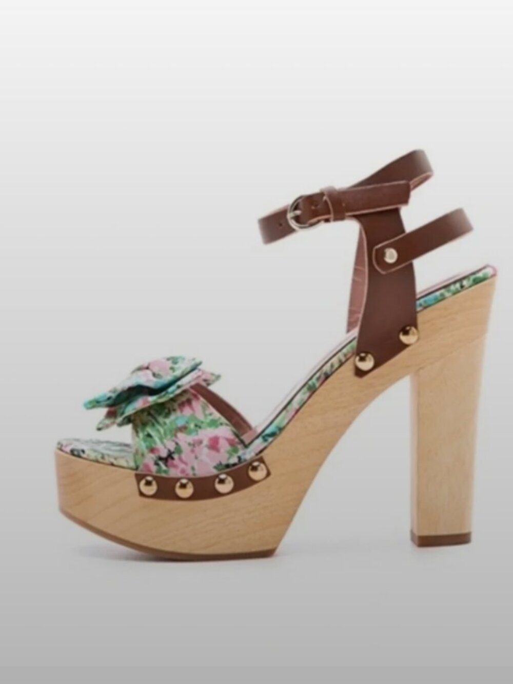 RED Valentino Meadow Print Platform Sandals Size 37.5 Floral Bow Wood Heel